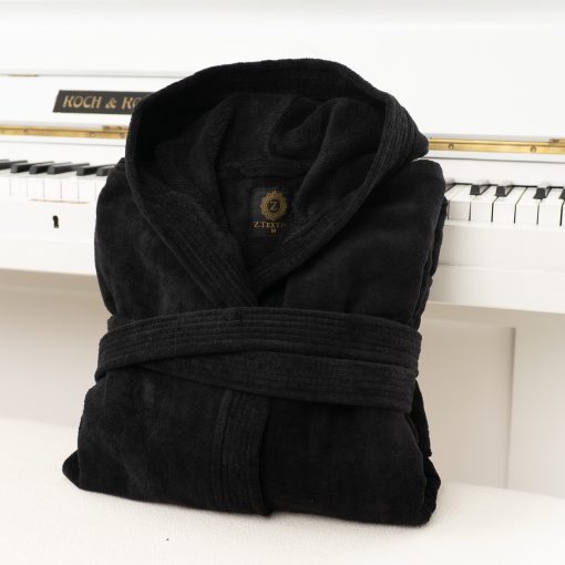 Fekete pamut velúr fürdőköntös kapucnival